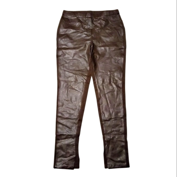 Chicos Chocolate Brown Faux Leather Front Pull On Pants Size 12 Tall - Picture 1 of 7